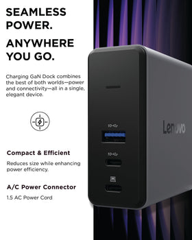 Lenovo GaN Dock displaying two USB-C ports with high-speed data transfer up to 10 Gbps.