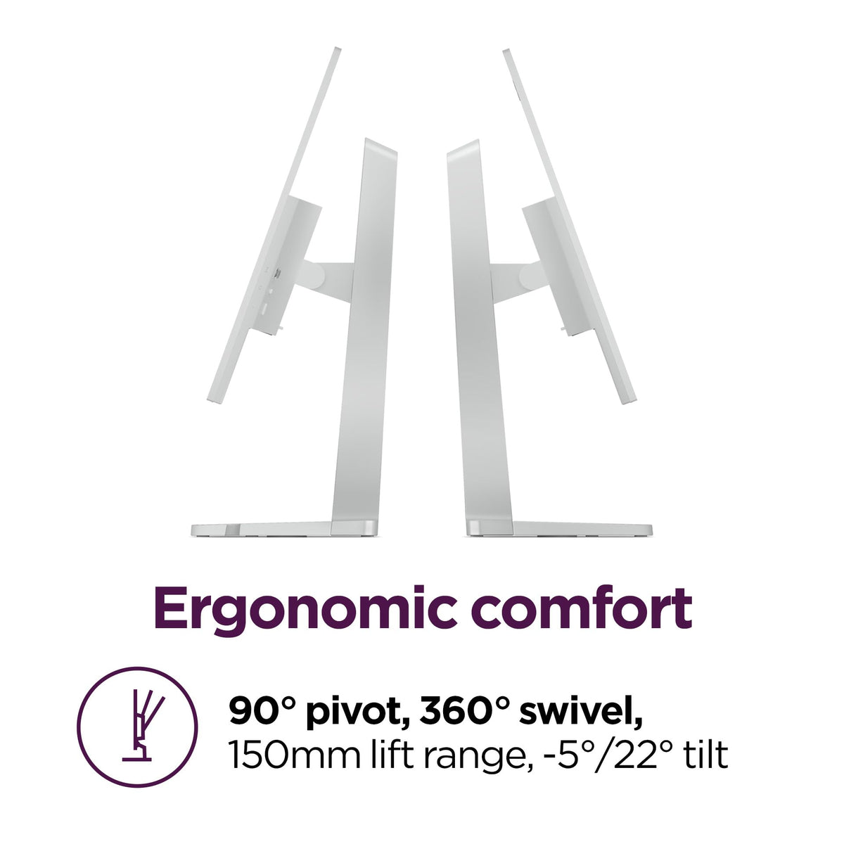 Lenovo L27q-4a ergonomic stand with tilt, pivot, and swivel for comfortable viewing.