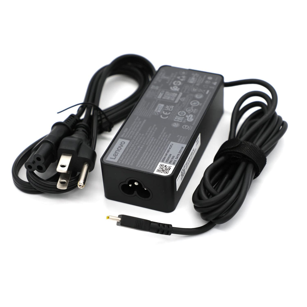 Lenovo 65W USB-C charger front view powers ThinkPad laptops efficiently.