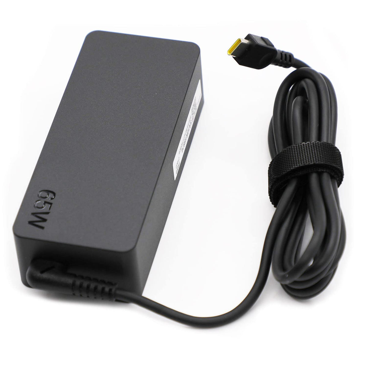 Lenovo 65W USB-C charger side view shows slim, portable design.