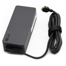 Lenovo 65W USB-C charger side view shows slim, portable design.