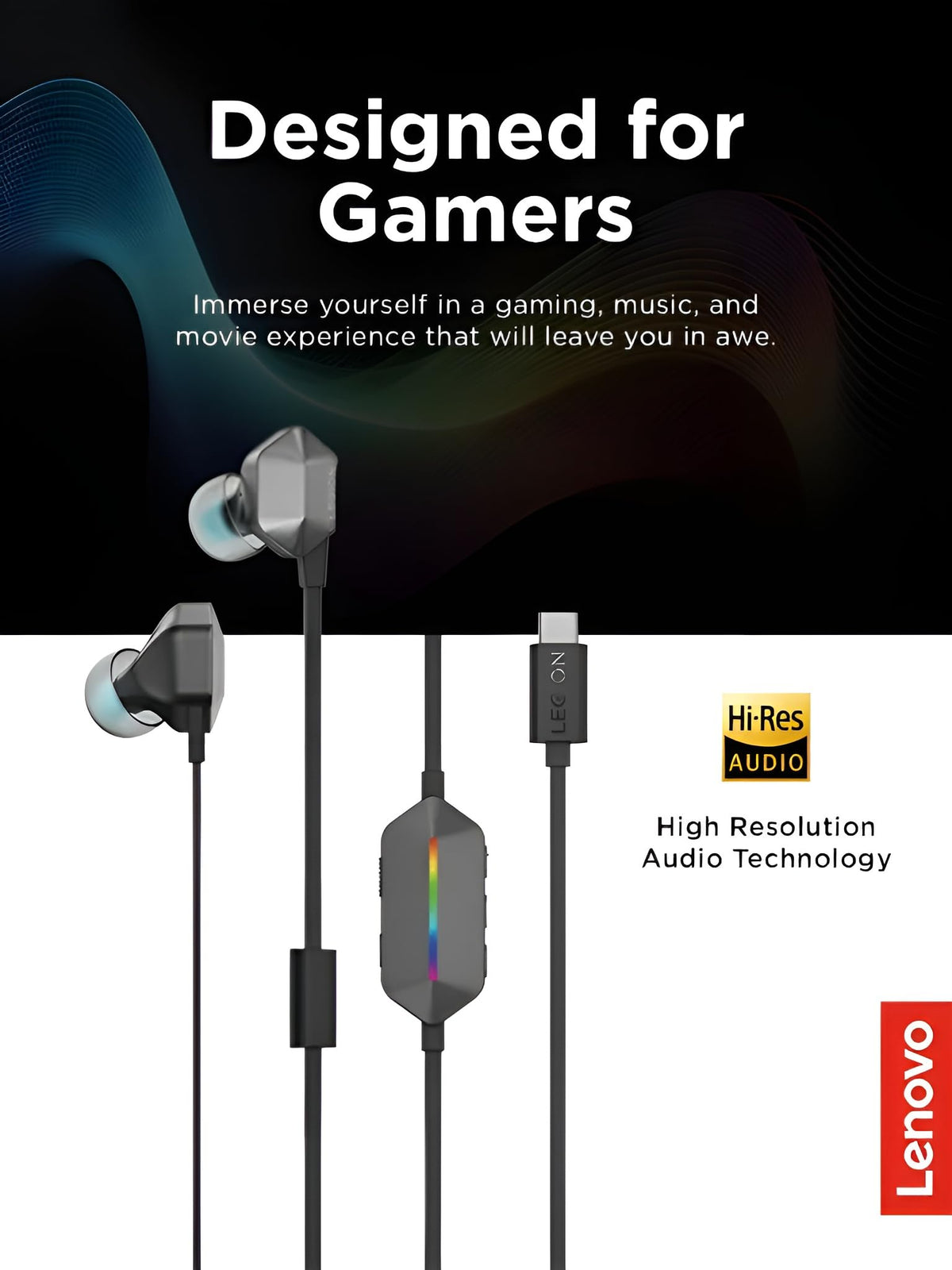 Lenovo Legion earbud close-up revealing dual-driver detail for improved clarity