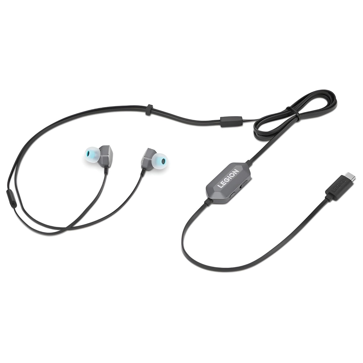 Lenovo Legion E510 front view showing earbuds and cable, highlighting portability