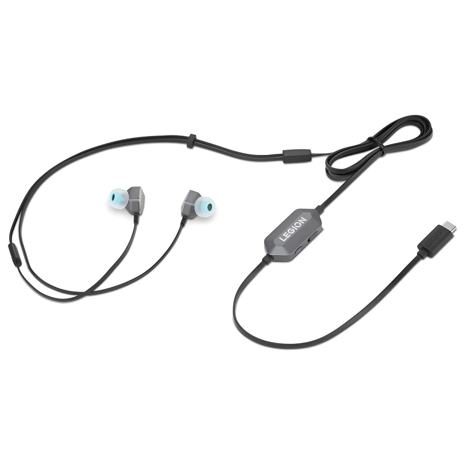 Lenovo Legion E510 front view showing earbuds and cable, highlighting portability