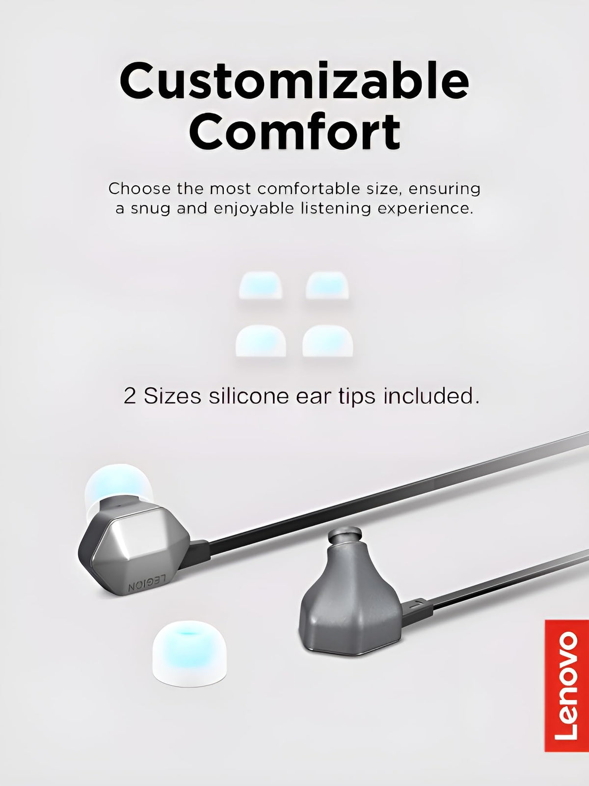 Lenovo Legion earbuds held in hand to show compact scale for travel
