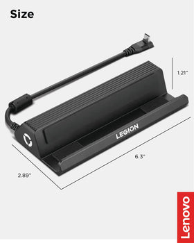 Lenovo dock next to a handheld controller showing small footprint for travel