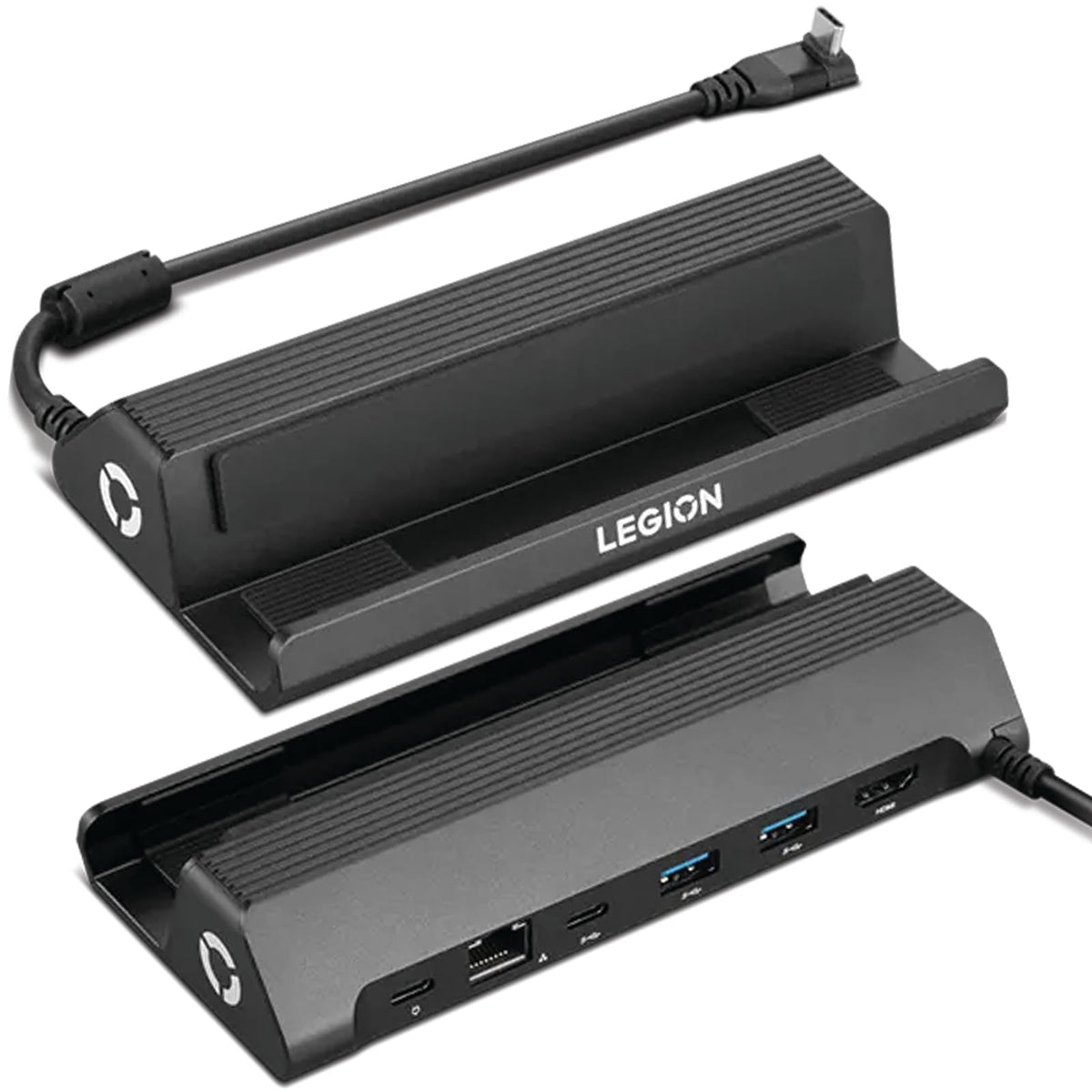 Lenovo dock front angle showing ports and compact design for easy setup