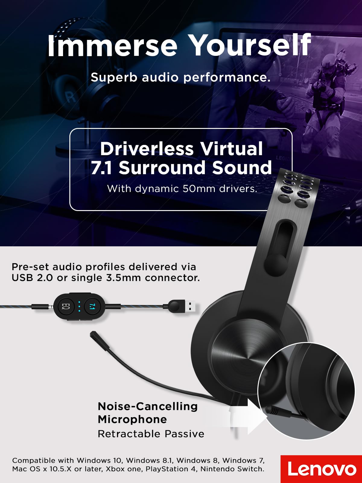 Lenovo Legion H500 Pro 7.1 USB cable for universal connectivity with PCs and consoles.