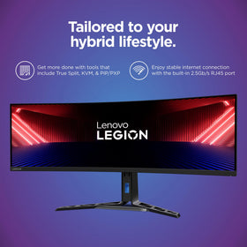 Lenovo Legion R45w-30 ergonomic stand with tilt and height improves comfort.