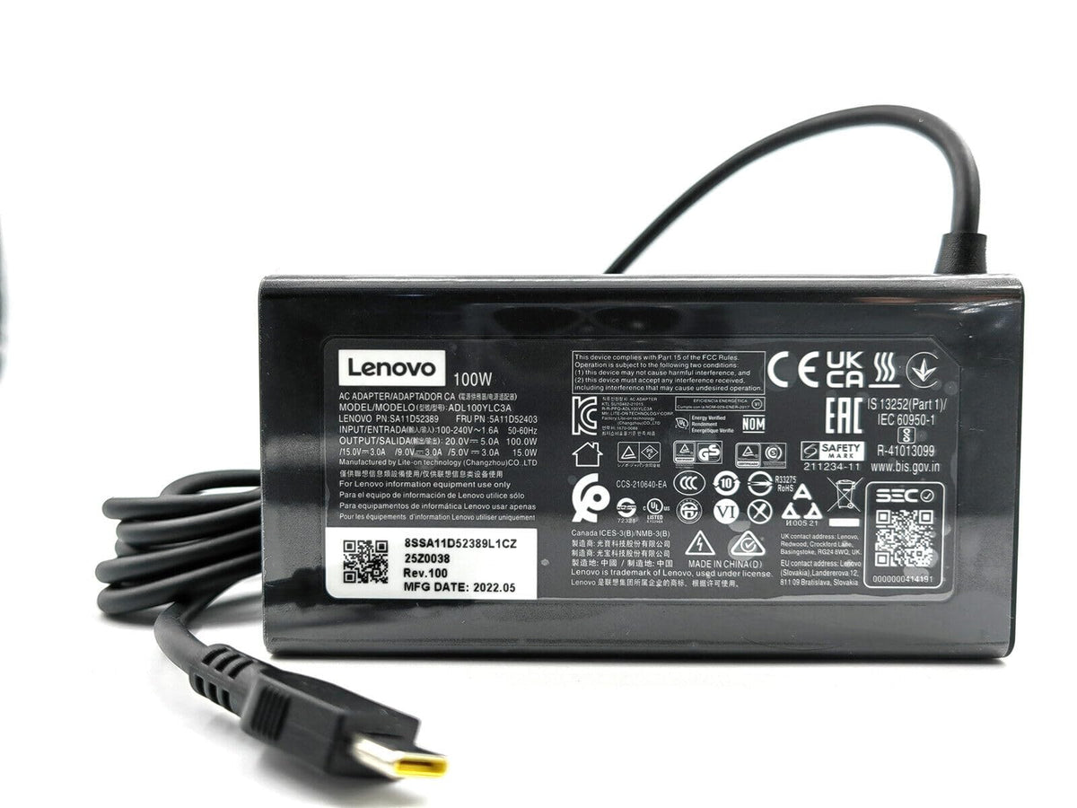 Lenovo original 100W USB-C AC adapter front view for fast, reliable charging.