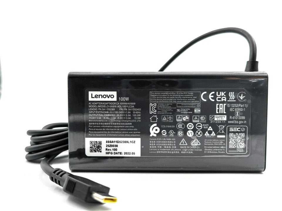 Lenovo original 100W USB-C AC adapter front view for fast, reliable charging.