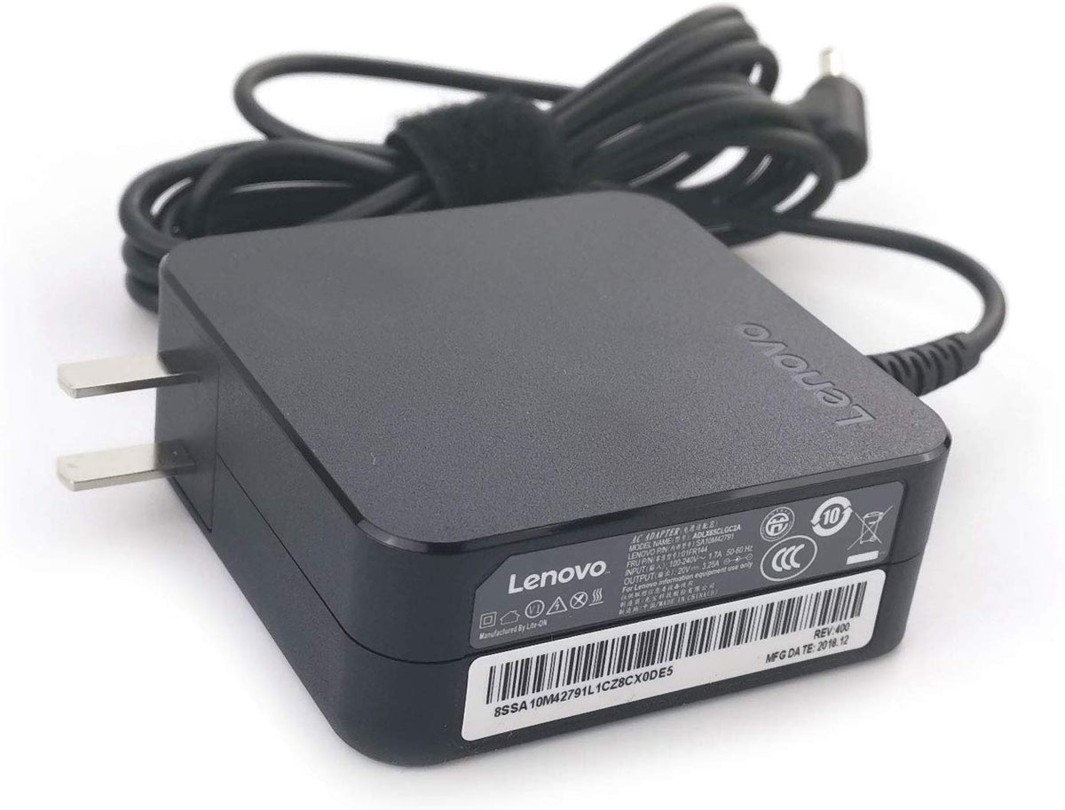 Lenovo replacement 65W adapter rear view shows clean cable management.