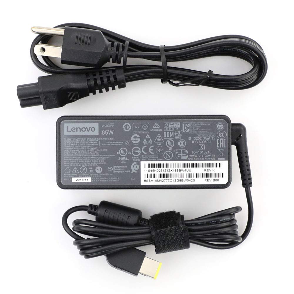 Lenovo ThinkPad 65W charger front view shows compact, travel-friendly design.