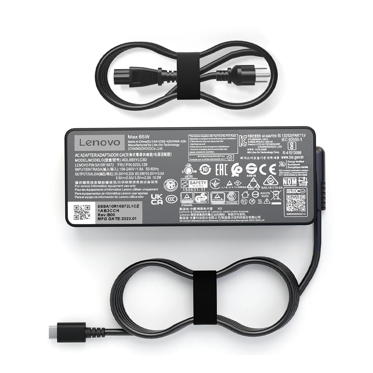Lenovo ThinkPad 65W USB-C charger front view shows compact portability for travel