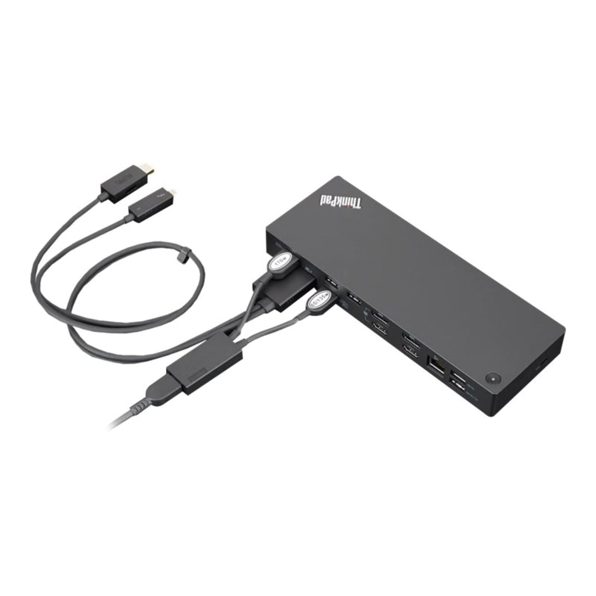 Lenovo ThinkPad TB3 Workstation Dock Gen 2 back view highlighting Ethernet, USB, and video connections.