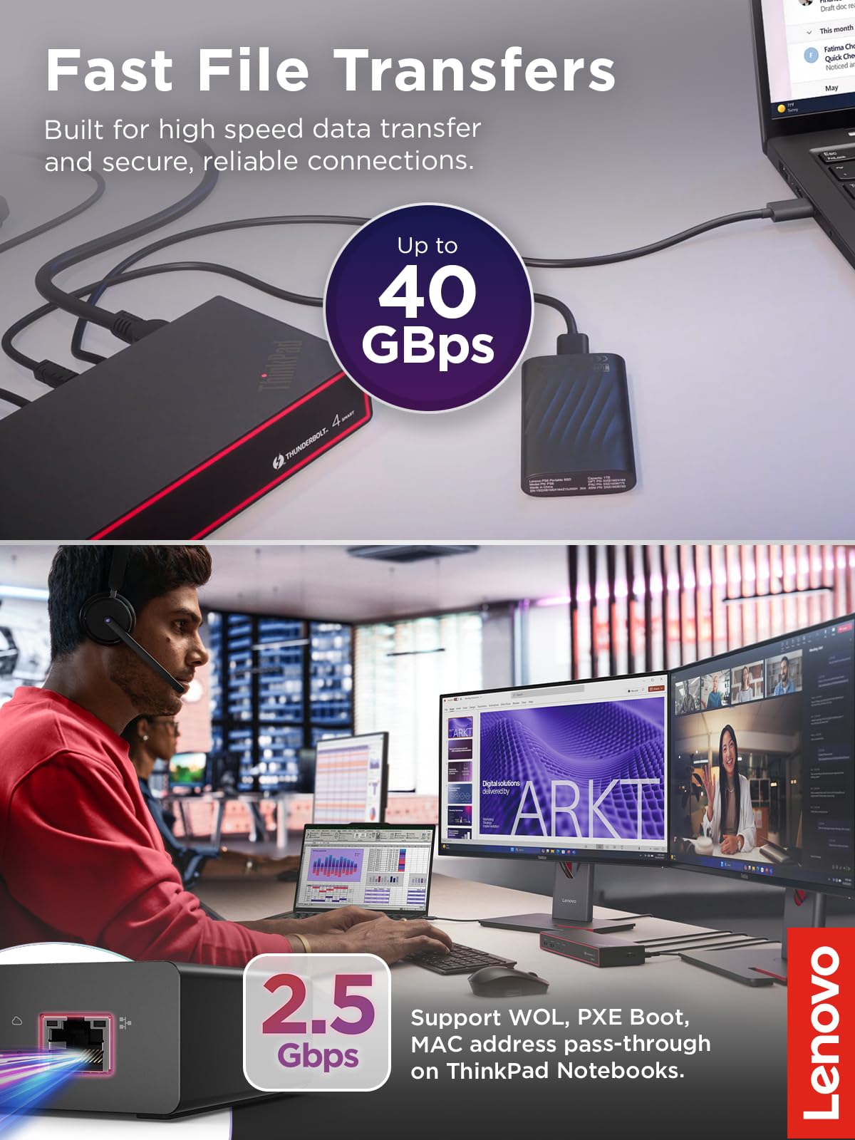 Lenovo ThinkPad Dock USB-A, USB-C, and RJ45 enable broad peripheral and network options.