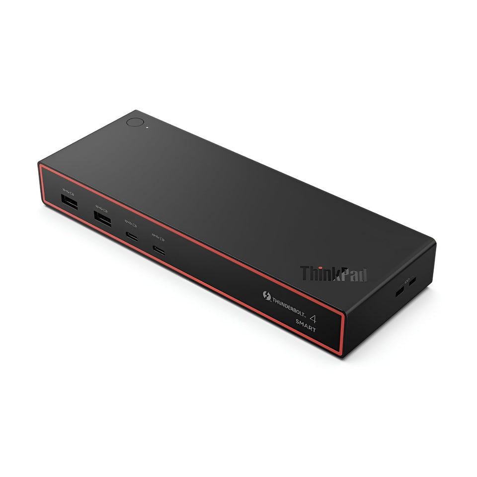 Lenovo ThinkPad Dock front view shows compact black design and integrated one-meter Thunderbolt 4 cable.