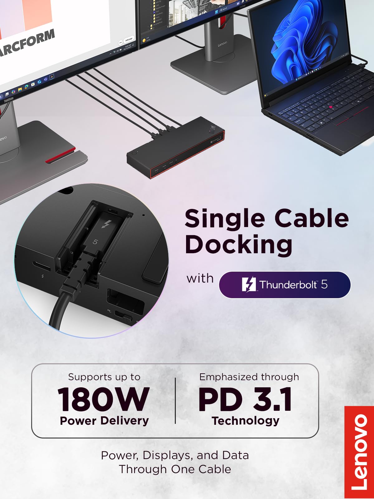 Lenovo ThinkPad Thunderbolt 5 Smart Dock 7500 desk setup with multiple ports for productivity.