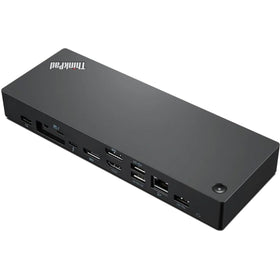 Lenovo ThinkPad Universal Dock beside a desk showing a single-cable setup.