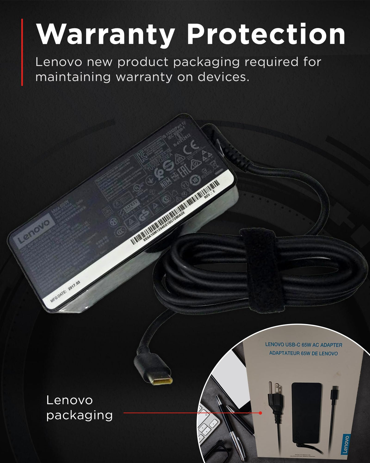 Lenovo adapter inside travel bag demonstrating space-saving convenience