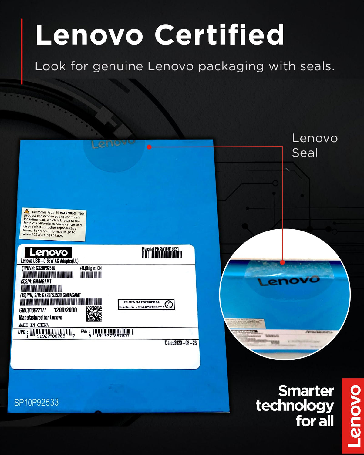 Lenovo adapter label closeup showing voltage and output specs for safety