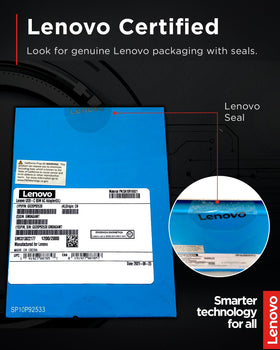 Lenovo adapter label closeup showing voltage and output specs for safety