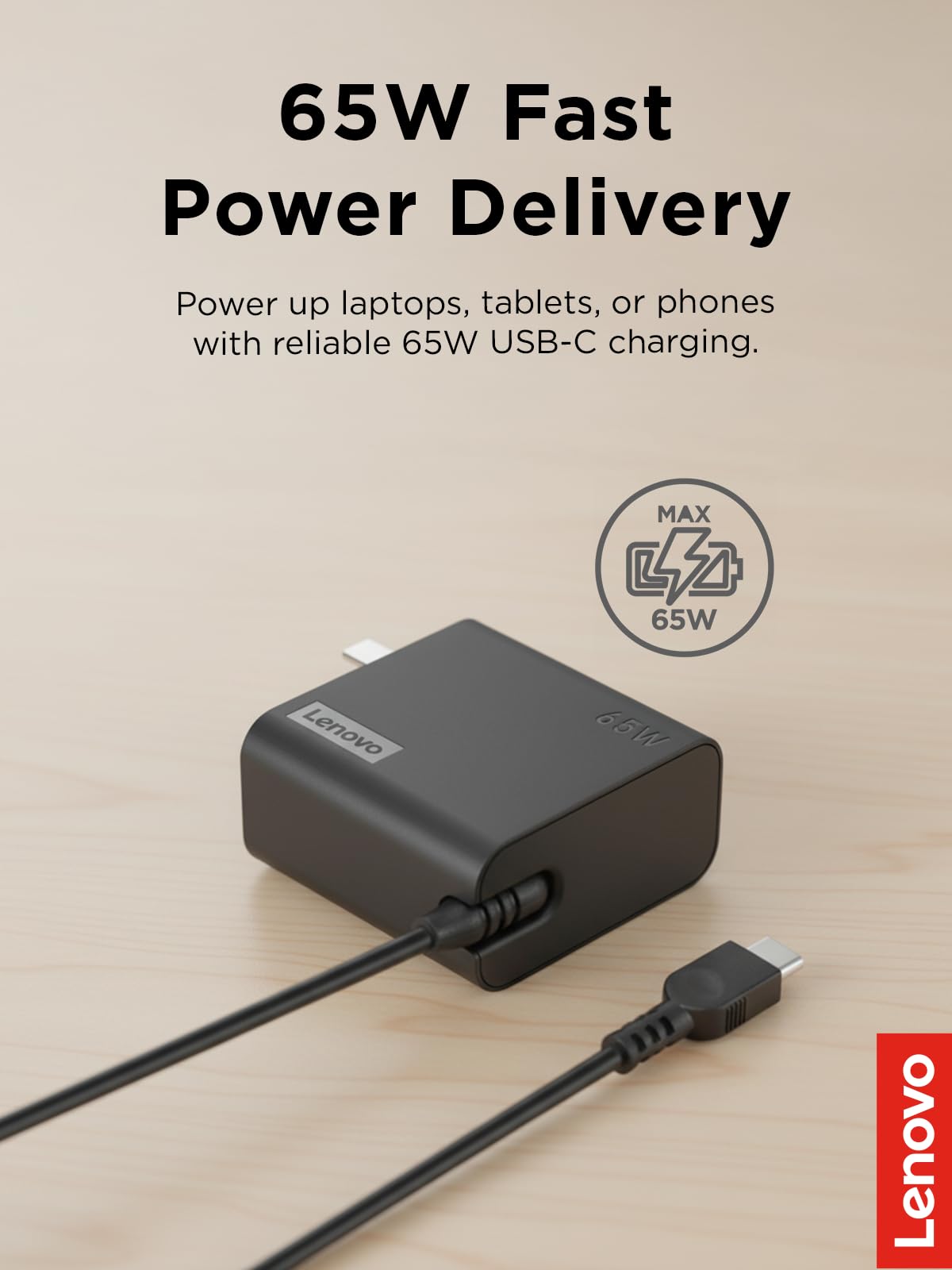 Lenovo charger cable and plug close-up highlighting durable connector and long reach
