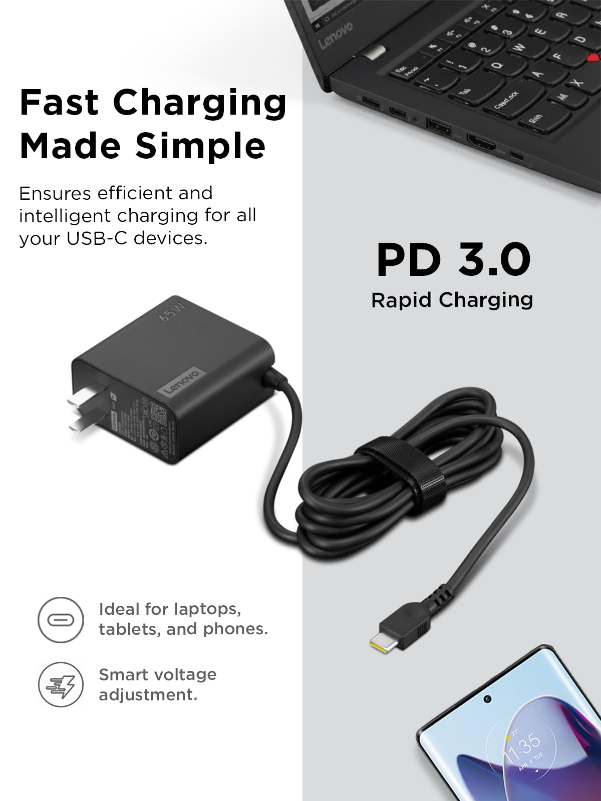 Lenovo 65W charger held in hand demonstrating slim profile and portable convenience