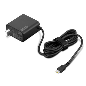 Lenovo 65W USB-C wall charger front view showing compact black housing for easy packing
