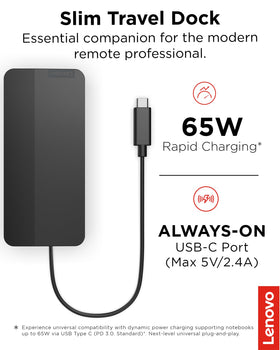 Lenovo USB-C Slim Travel Dock powers a 4K display for crisp visuals during meetings.