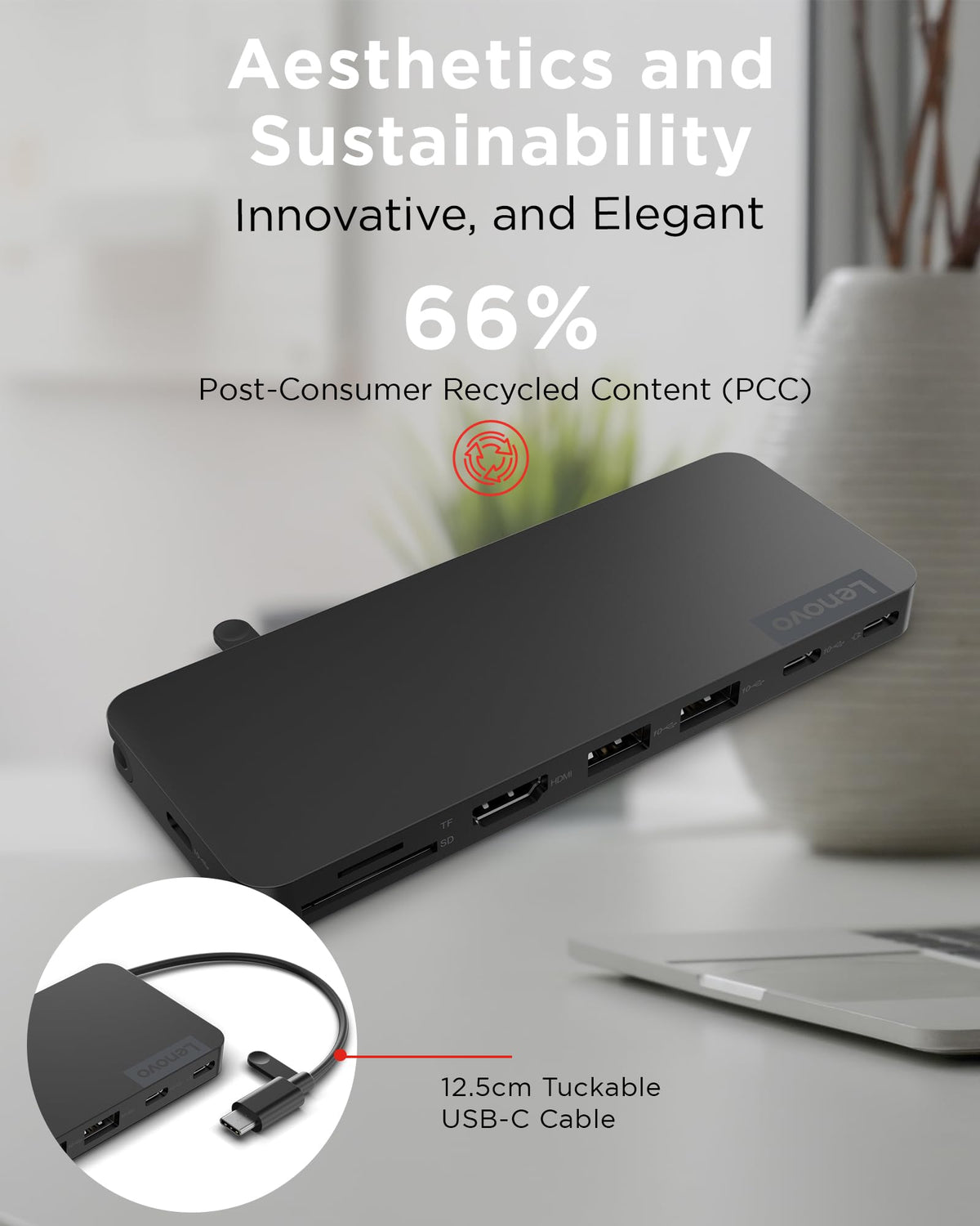 Lenovo USB-C Slim Travel Dock features a sustainable Eclipse Black exterior.