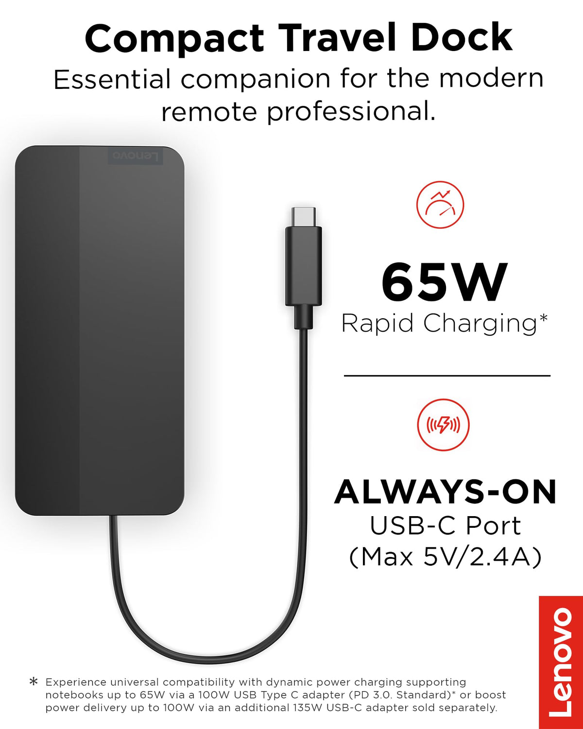 Lenovo USB-C travel dock includes 100W adapter for quick charging