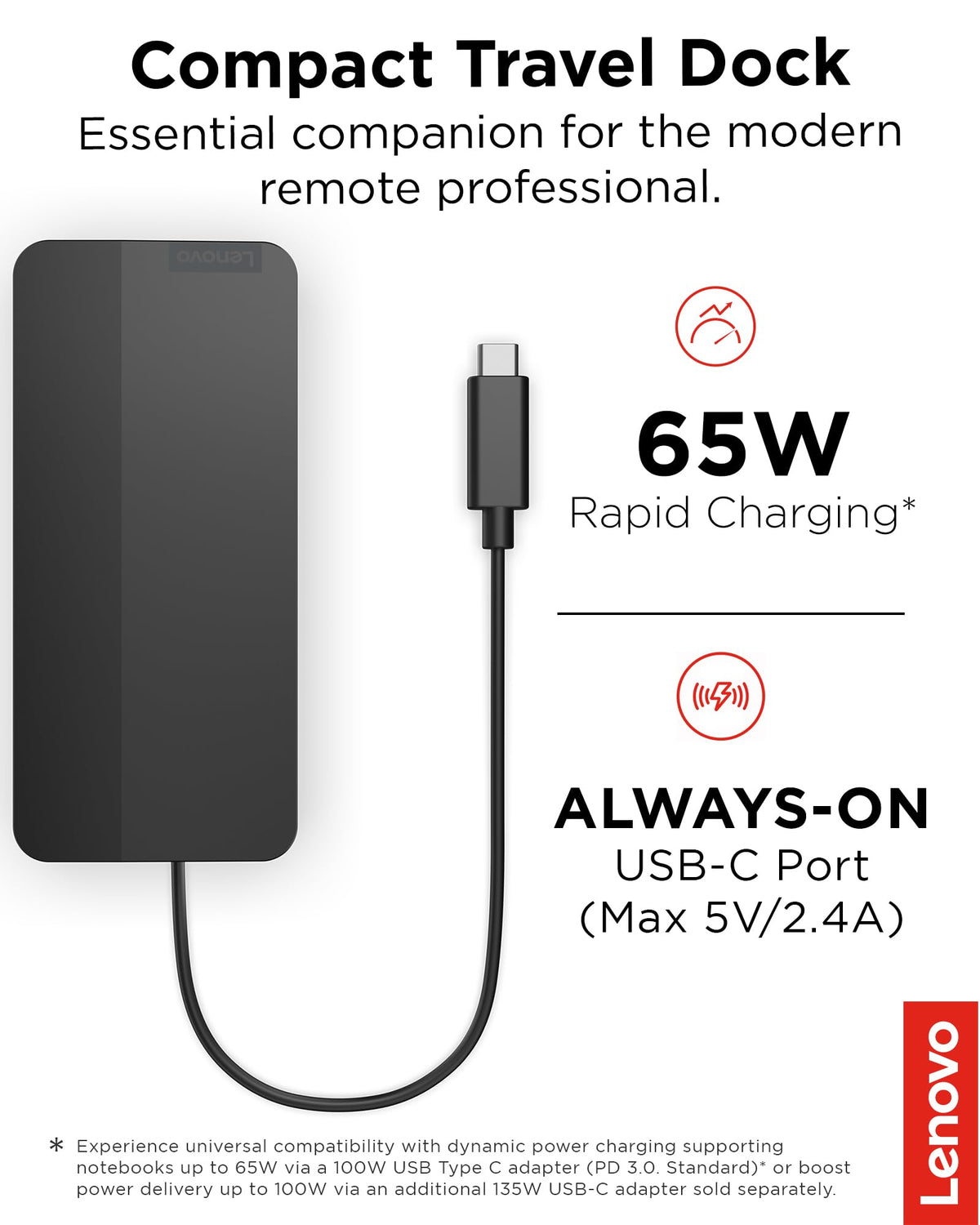 Lenovo USB-C Travel Dock with integrated cable for tidy on-the-go setups.