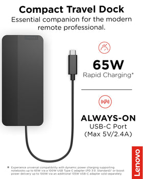 Lenovo USB-C Travel Dock with integrated cable for tidy on-the-go setups.