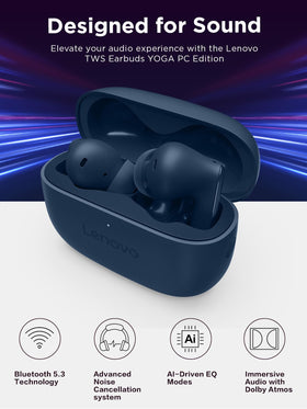 Lenovo Yoga case open with earbuds seated showing charging status and quick pairing benefit