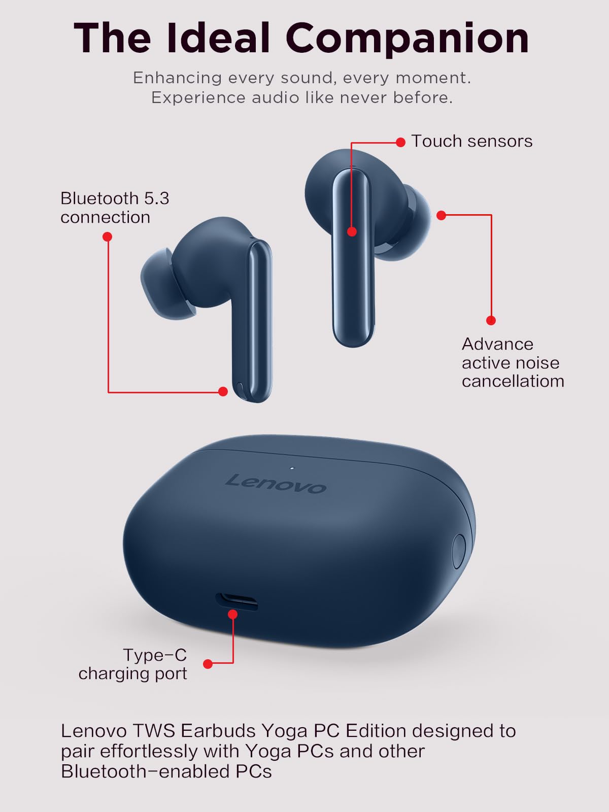 Lenovo Yoga earbud closeup showing driver detail and mesh for improved sound clarity benefit