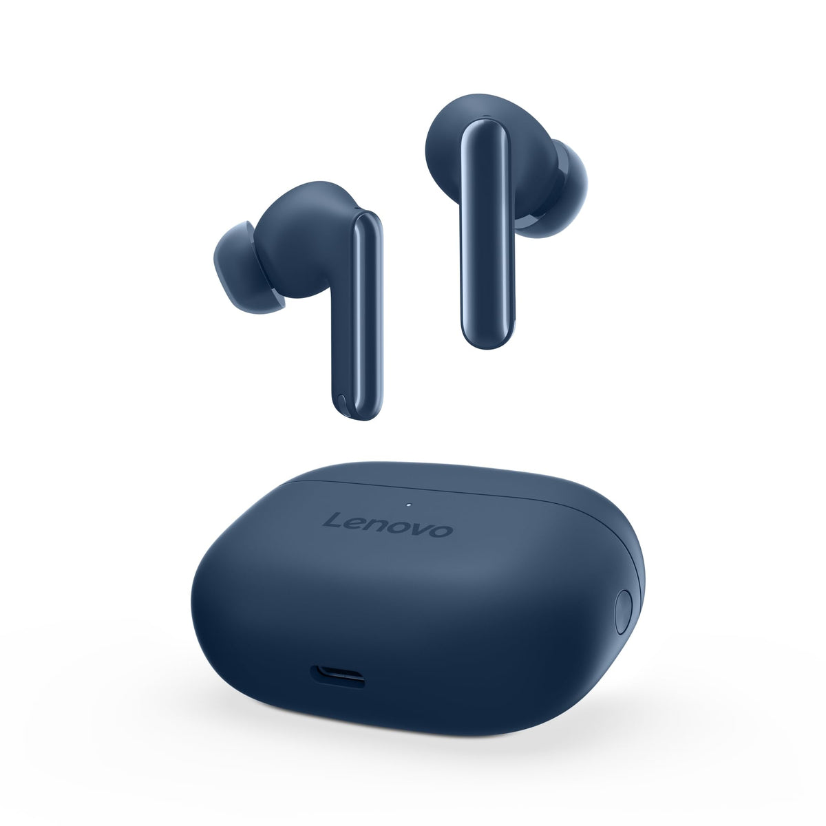 Person wearing Lenovo Yoga earbuds in office setting demonstrating focused listening benefit