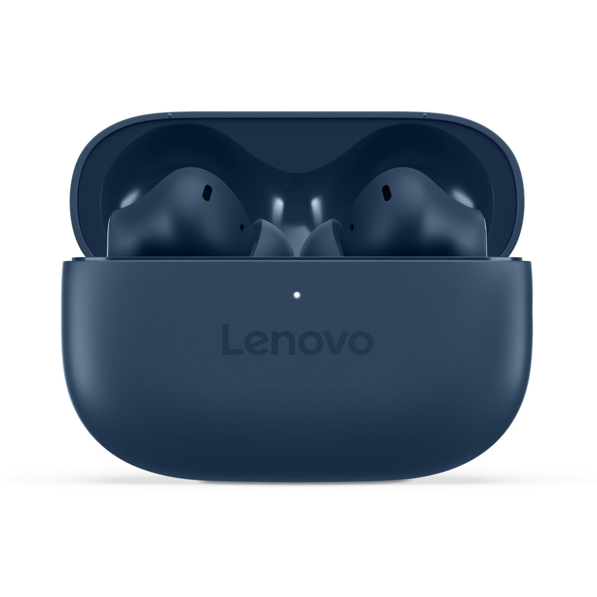 Lenovo Yoga earbuds front view showing Cosmic Blue finish and sleek design benefit: professional look