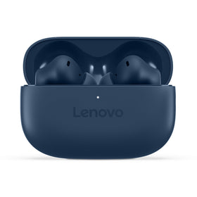 Lenovo Yoga earbuds front view showing Cosmic Blue finish and sleek design benefit: professional look