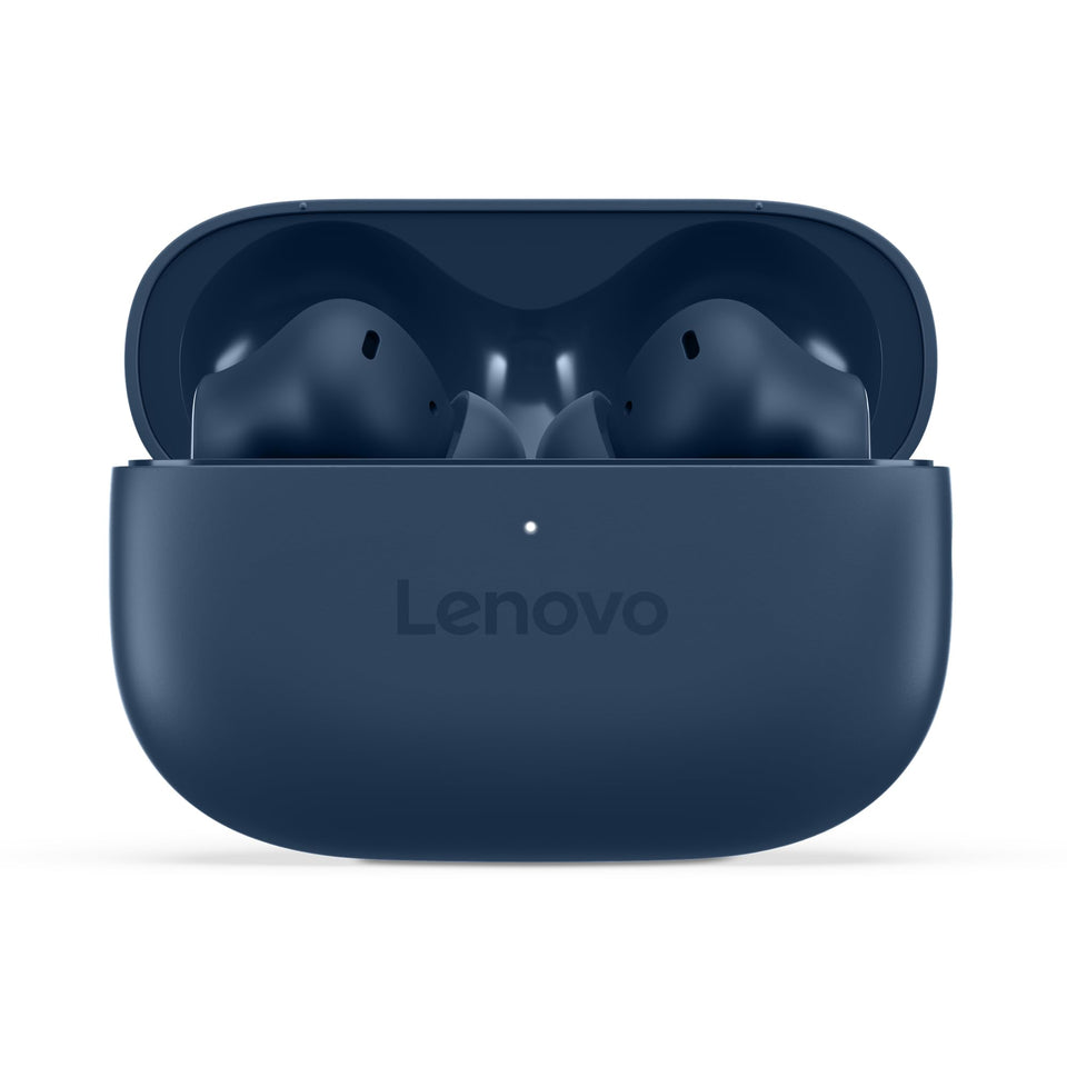Lenovo Yoga earbuds front view showing Cosmic Blue finish and sleek design benefit: professional look
