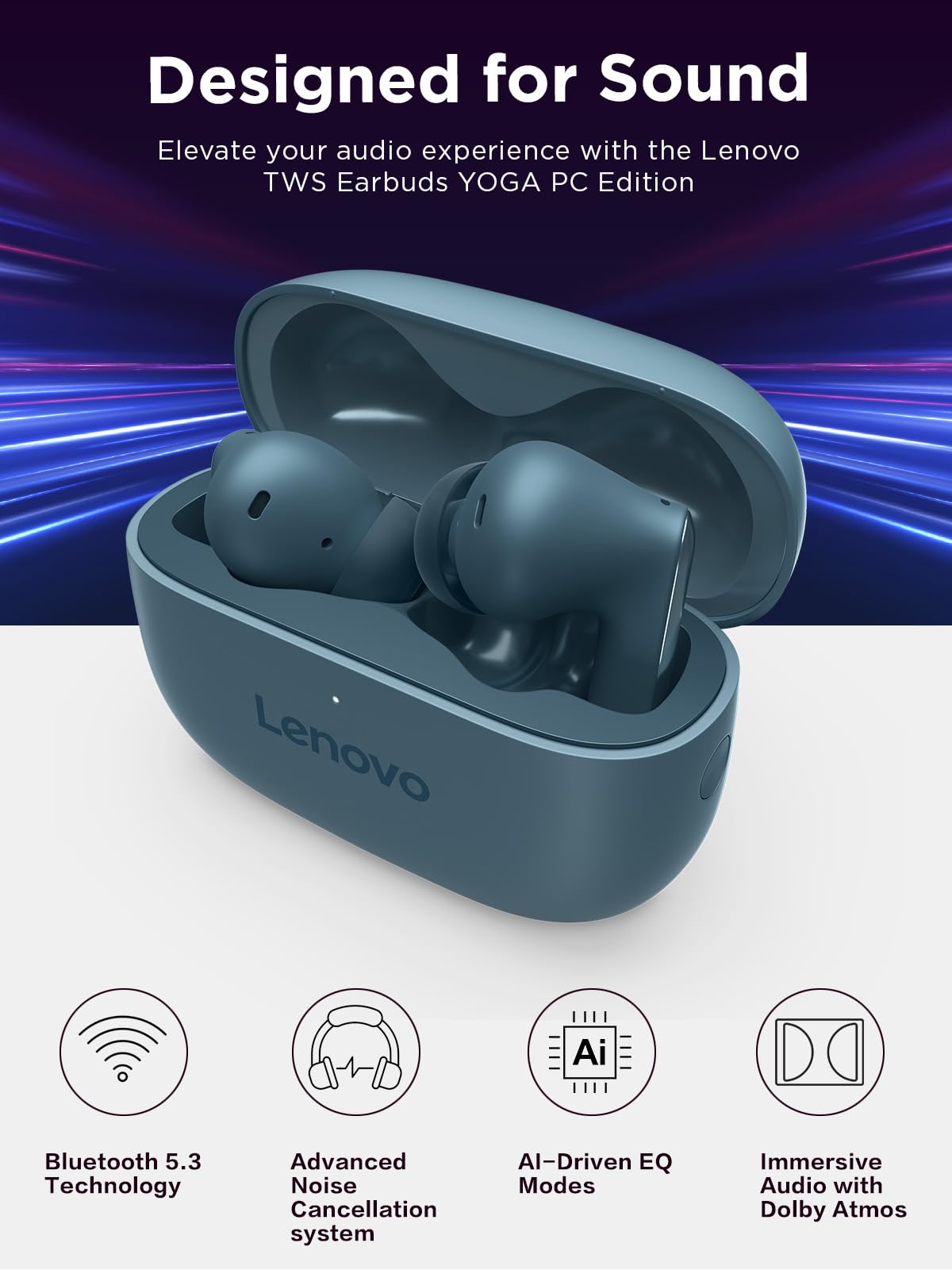 Lenovo charging case open with earbuds, compact carry case benefit