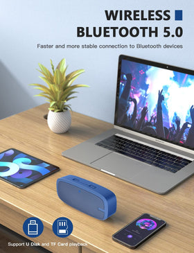 LENRUE Blue Bluetooth speaker packaging highlighting portability.
