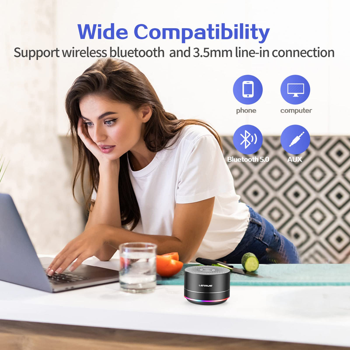 LENRUE Bluetooth speaker shows 33 ft range and ports