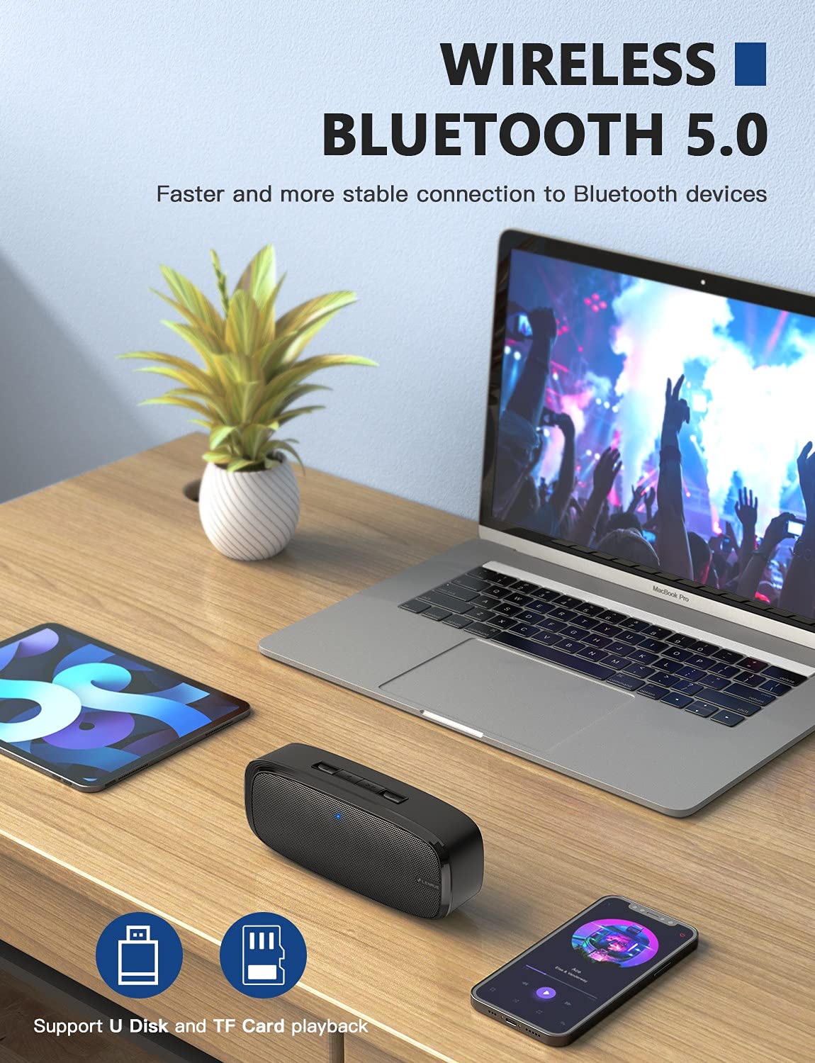 LENRUE Bluetooth Speaker back ports show USB, micro SD, and AUX options