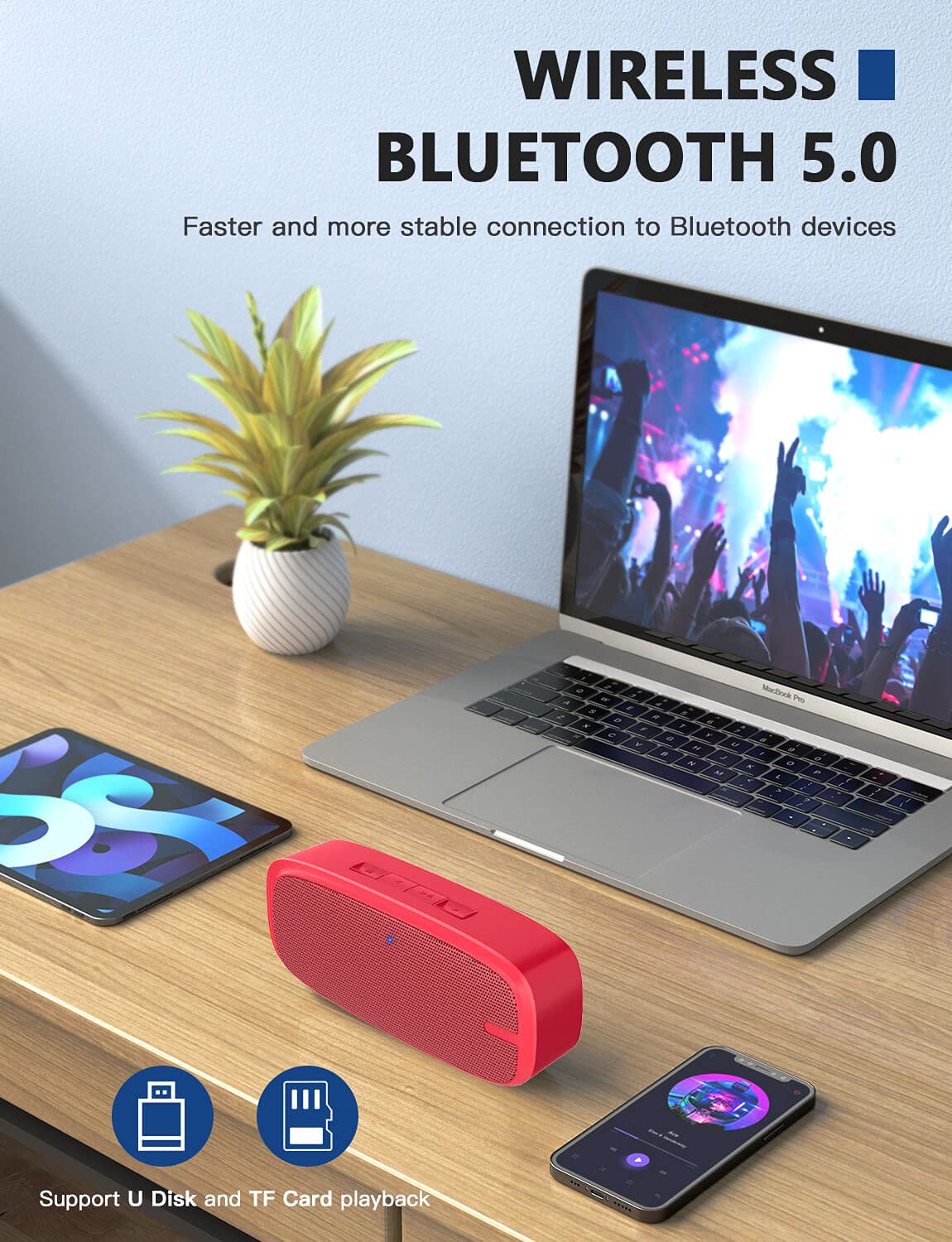 LENRUE Bass detail image conveys enhanced low-end depth in crowded rooms.