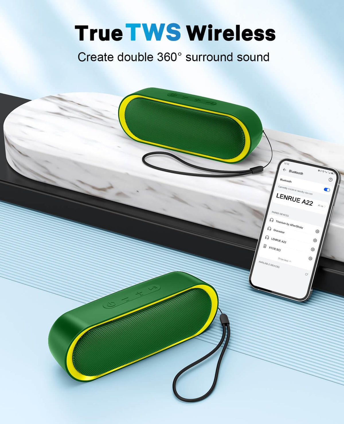 LENRUE Bluetooth speaker green hanging-lanyard enables hands-free outdoor placement