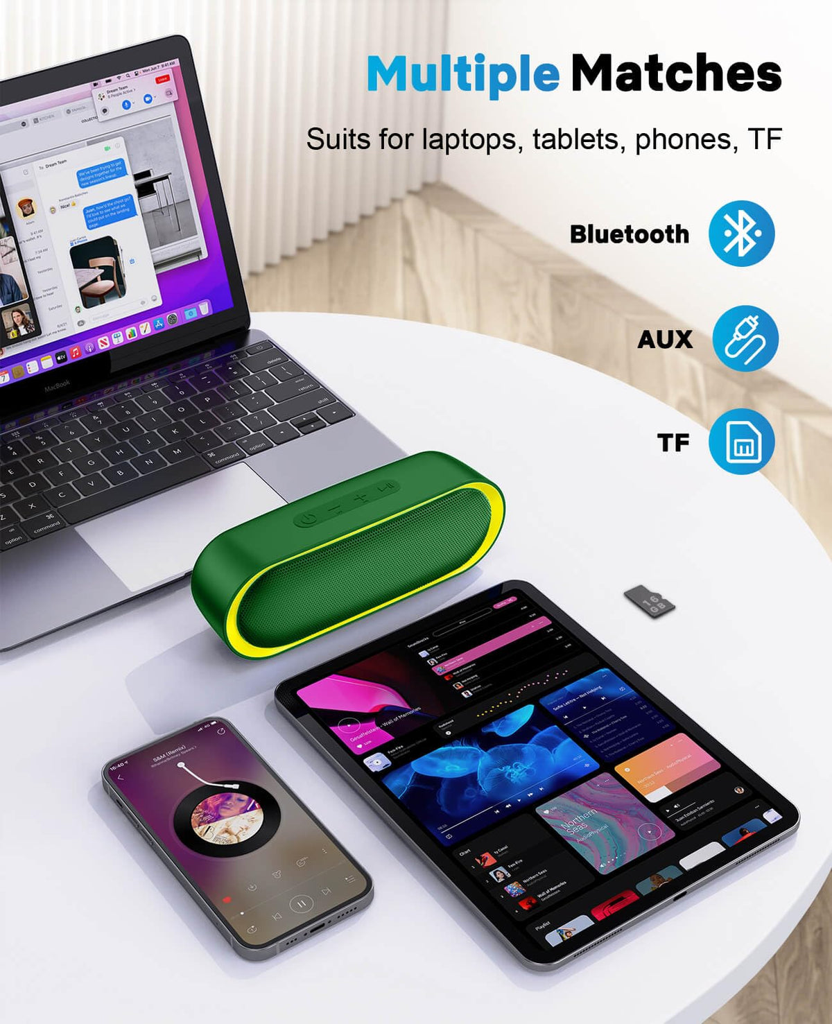LENRUE Bluetooth speaker green stereo-pair demonstrates expanded sound when two units connect