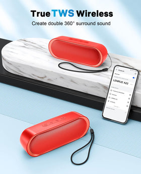 LENRUE speaker on poolside table demonstrating water-resistant use and durable build