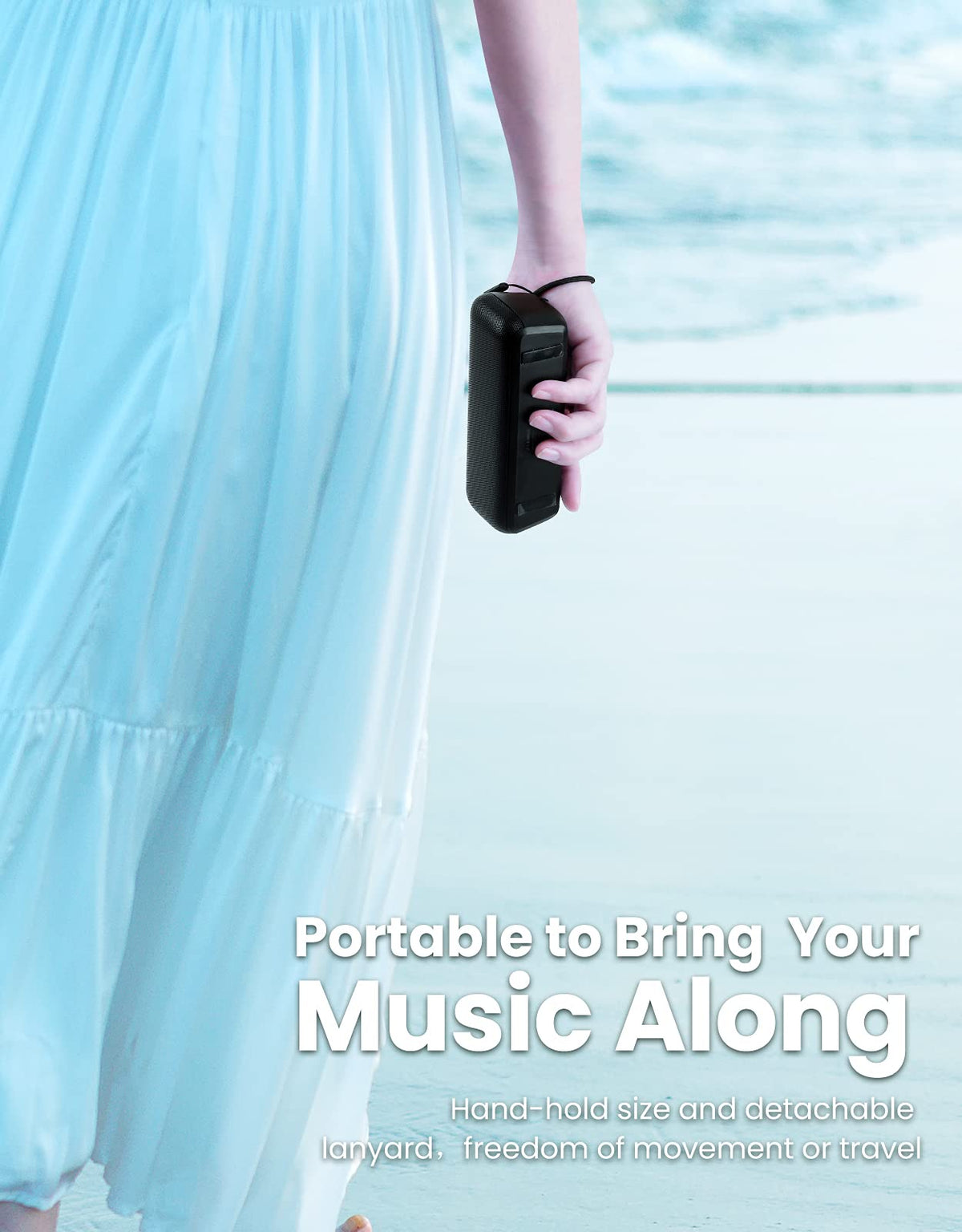 LENRUE speaker held in hand to show compact size and portability