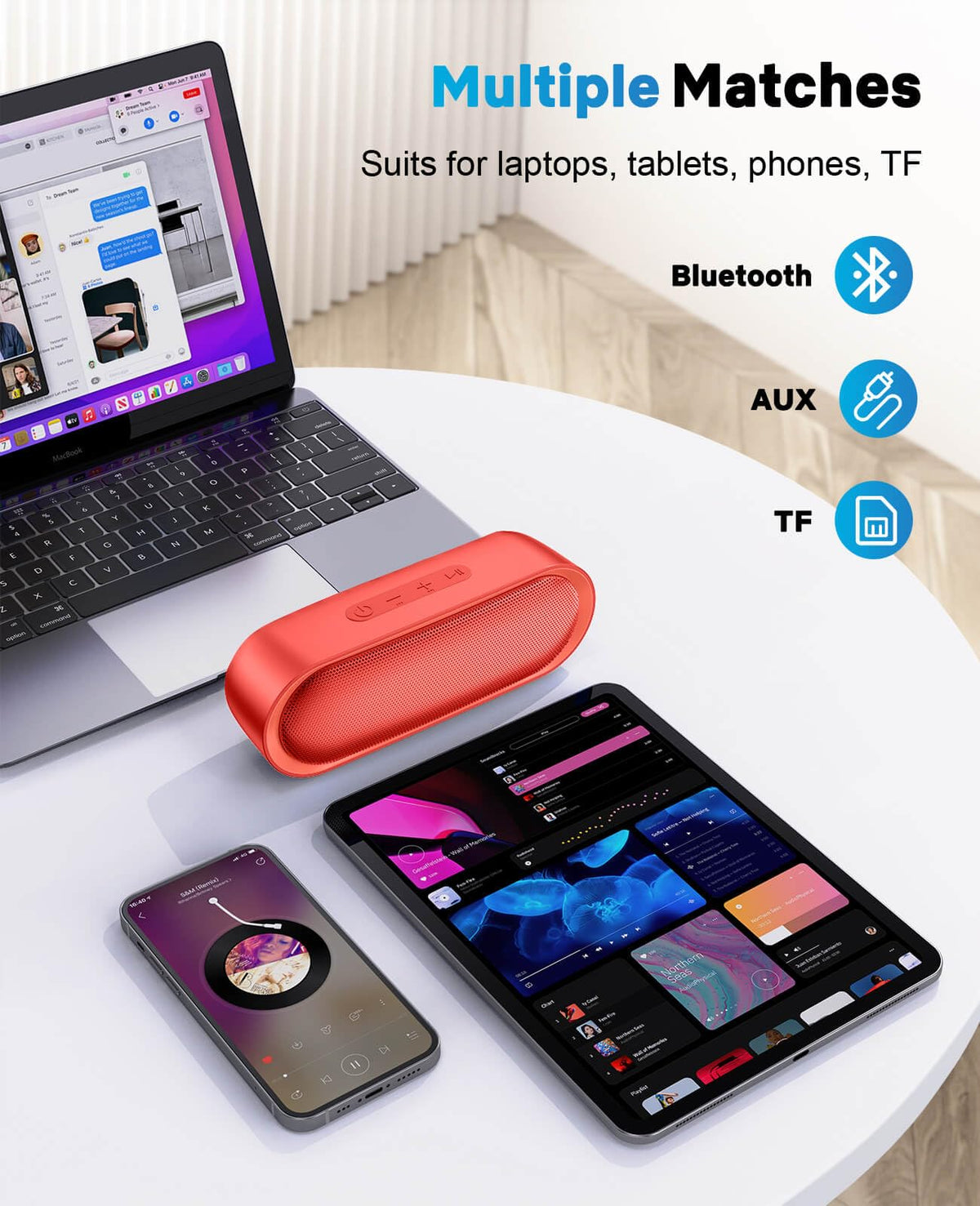 LENRUE speaker in hand for scale illustrating small, travel-friendly form factor